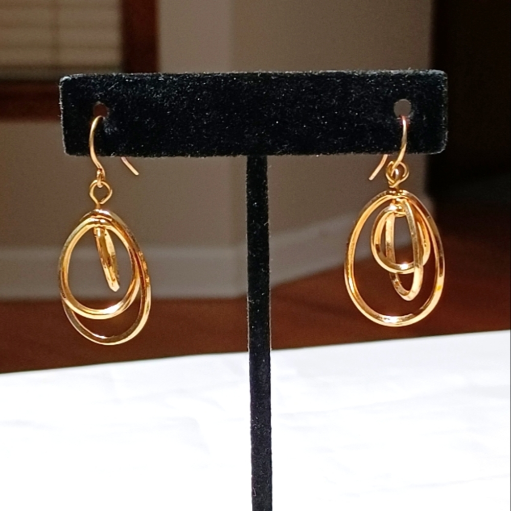 TRIPLE OVAL HOOPS FRENCH WIRE GOLD TONE EARRINGS